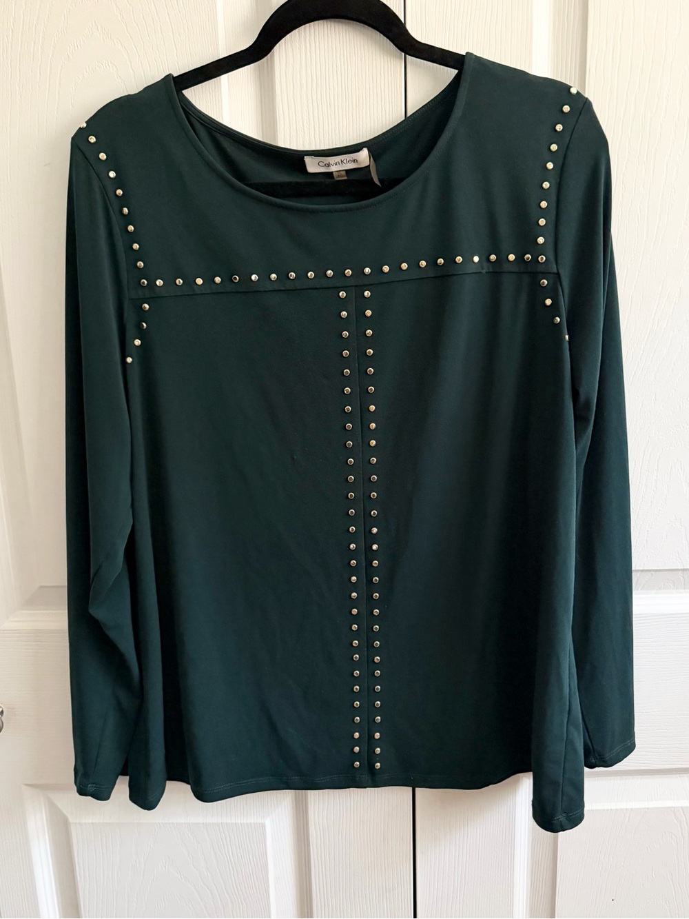 5 for $25! Calvin Klein Women's Dark Green Stud-Accent Long Sleeve Top